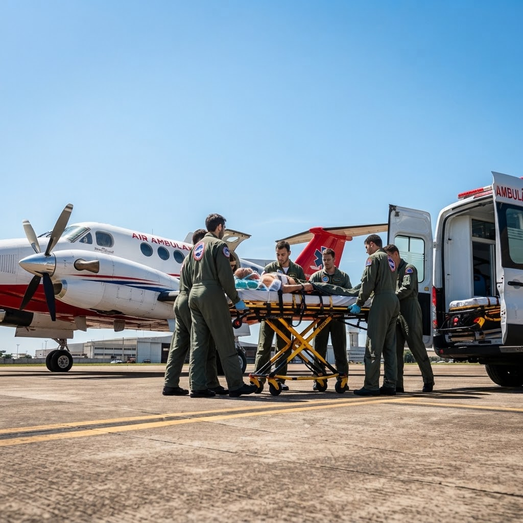 Equipe aeromédica realizando transferência de paciente
